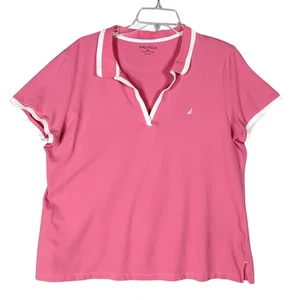 Nautica Polo Bluse Gr. XXL rosa Kragen V-Ausschnitt Kurzarm weißer Besatz - Bild 1 von 7