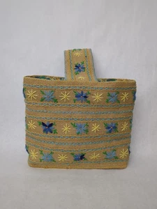 Vintage Jute Sackleinen bestickt Tasche Eingriff Handtasche Beuteltasche lila/blau/gelb.. - Bild 1 von 24