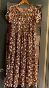 Maeve by Anthropologie Bernadette Rose Gold Sequin Tiered Midi Dress Size Small - Picture 1 of 14