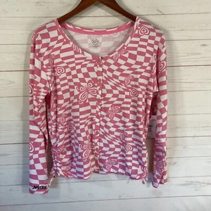 Justice Girls XL Plus Button Front Knit Top Pink Check Ruched Side Ties New - Picture 1 of 9