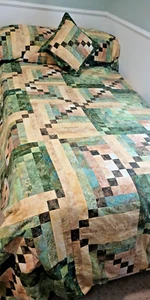 HANDMADE DOUBLE VIEW QUILT 58' W X 107" & PILLOW SIZE 18X18IN MIX COLORS GREEN - Picture 1 of 11