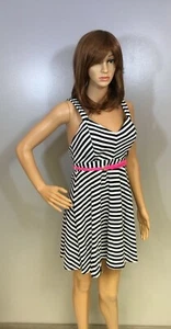 Candie's gestreiftes Sommerkleid mit gekreuzter Schleife hinten und neonpinkem Gürtel Gr. M - Bild 1 von 8