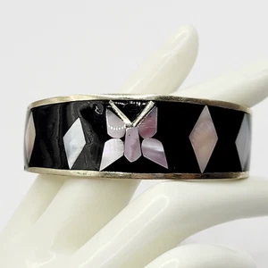 MOP Abalone Shell Butterfly Inlay Mexico Silver Tone Vintage 1980s Cuff Bracelet - Picture 1 of 23