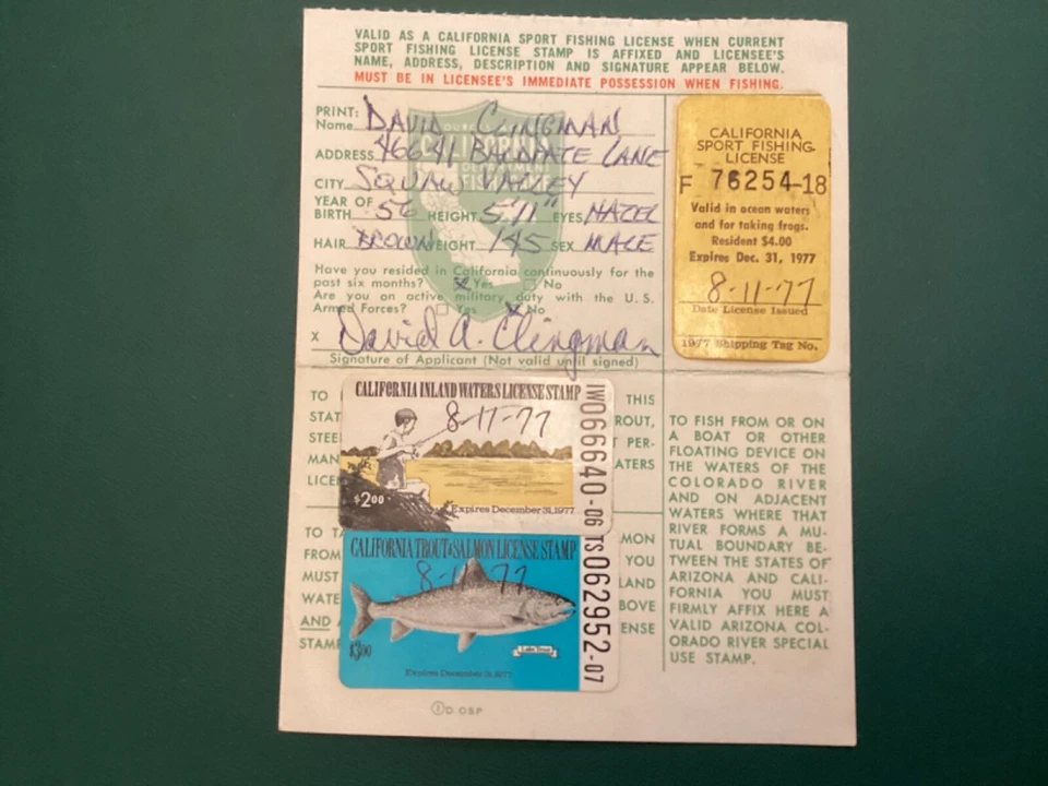 ICOLLECTZONE US California 1977 Inland and Trout Fishing Stamps on License - Image 1 of 1
