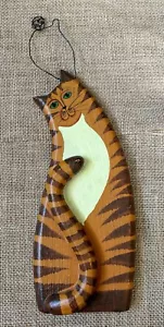 Appendiabiti da parete vintage arancione gatto tabby legno primitivo rustico fattoria casetta nucleo - Foto 1 di 4