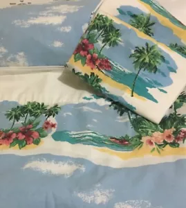 Vintage Dan River Tropical Blue Floral Ocean Beach Paradise Full Sheet Set EUC - Picture 1 of 12
