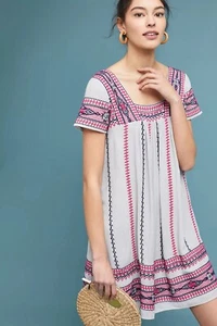 Abito Anthropologie Maeve donna XS grigio Ruidoso ricamato swing boho garzato - Foto 1 di 10
