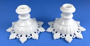 Vintage Westmoreland Ring & Petal Lace White Milk Glass Candlestick Holders - Picture 1 of 9