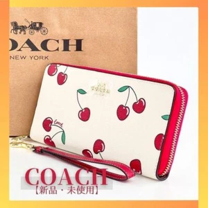 Coach CF406 Long Zip Around Wallet OUTLET Leather White Cherry Red New - Picture 1 of 10