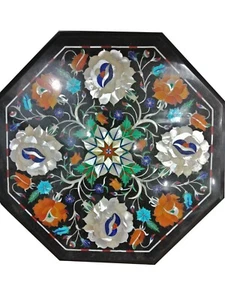 Mesa de centro lateral de mármol negro de 12" Pietra Dura decoración de trabajo artesanal - Imagen 1 de 1