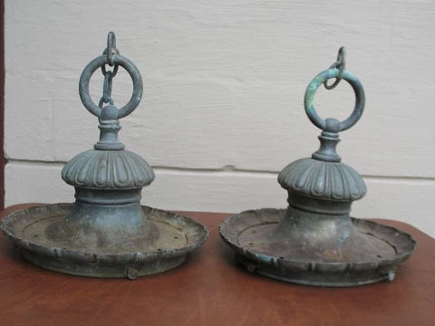 1890s Large Pr. Solid Bronze Exterior Electric Lamp Shade Holders Original Cover