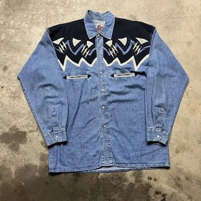 复古 Gold River Western 珍珠 Snap 牛仔衬衫男式 L 蓝色牛仔麂皮绒 Rodeo — 第 1/4 张图片