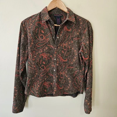 VTG Ralph Lauren Women's Paisley Corduroy Shirt Sz PM Western Old Money - Image 1 of 4