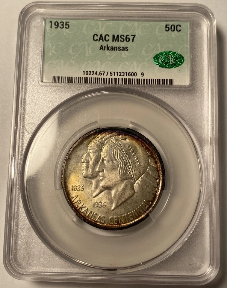 1935 Arkansas Commemorative Half Dollar CACG MS67 CAC Light Toning - Image 1 of 4