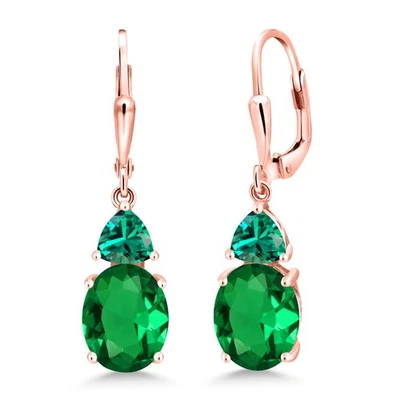 18K Rose Gold Plated Silver Nano Emerald Dangle Earrings For Women (4.94 Cttw, - Image 1 of 4