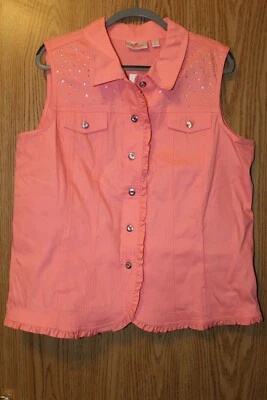 NWT Quacker Factory Ruffle Vest Rhinestone Yoke Coral Pastel Pink Size Large - Image 1 of 4