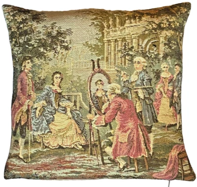 FRANCOIS BOUCHER JARDIN/R 13" X 13" BELGIAN TAPESTRY CUSHION COVER WITH ZIP, 18R - Image 1 of 4