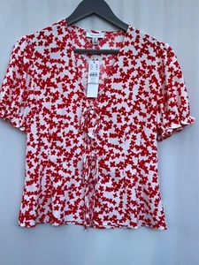 Topshop Floral Blouse Size 10 White Red Short Sleeve Women's - Picture 1 of 8