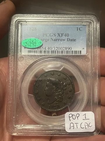 1828 1c N-1 Large Narrow Date Coronet Head Large Cent PCGS XF 40 CAC! CAC POP 1 Cover