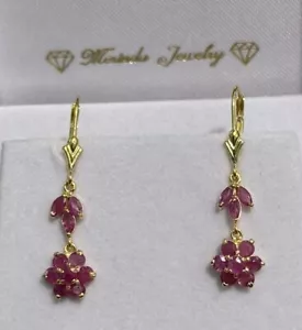 14k Solid Gold Flower Lever Back Dangle Earrings, Natural Ruby. 1.93 Grams - Picture 1 of 5