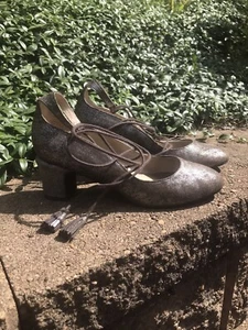 ANTHROPOLOGIE LIEN DO Women’s Sz 7.5 Heel Shoes Lace up Ankle Strap Metallic - Picture 1 of 10