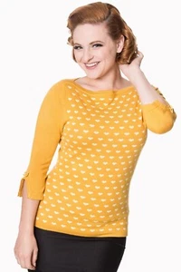 Senf Retro Vintage Rockabilly U-Boot Ausschnitt Charming Heart Top BANNED Apparel - Bild 1 von 3