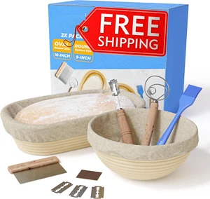 Bread Proofing Basket Set of 2, 10 Inch Oval & 9 Round Sourdough Bread Baskets, - Picture 1 of 5