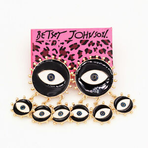  Betsey Johnson Black/White Enamel Evil Eye Charm Earbob Stud Dangle Earrings