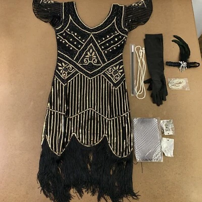 Women's Medium Black Gold Sequin Fringe Flapper Dress & Accessories 9 Pieces New - Image 1 of 4