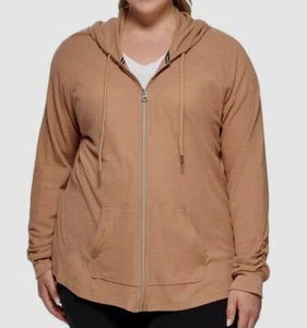 Calvin Klein Women Brown Performance Ruched-Sleeve Hoodie Sweater Plus Size 1X - Picture 1 of 5
