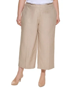 Calvin Klein Women's Plus Size Linen Cropped Wide-Leg Pants (Beige, 24W) - Picture 1 of 5