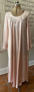 Vintage NATORI Neiman Marcus Peach Satin Long Nightgown Embroidery Floral Lace S - Picture 1 of 12