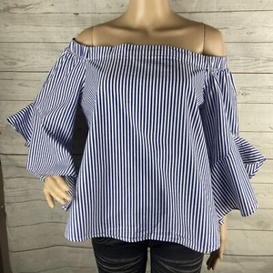 HeartSoul Bluse mittelblau weiß gestreift schulterfrei dramatisch Glockenärmel Oberteil - Bild 1 von 12