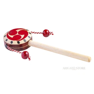 Japanese Traditional - Den Den Daiko Drum - natural Tomoe Pattern Japan Toy New - Picture 1 of 9