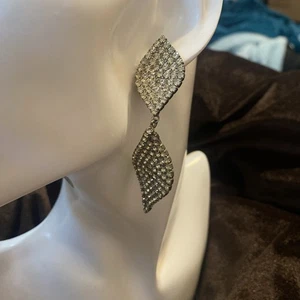 RARE Find Vintage Glamour Rhinestone? Crystal? Earrings Large Teardrop Pierced - Picture 1 of 6