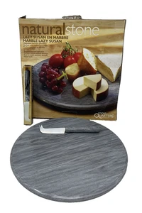 Vintage Marble Lazy Susan Cheese Knife Set Grey Natural Stone 12 " Charcuterie - Picture 1 of 21
