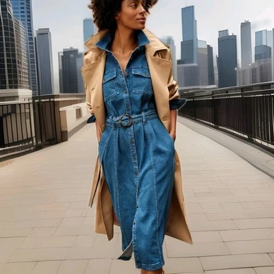 Lands' End Denim Shirt Dress Belted Midi Cotton Blue Long Sleeve Button Sz S 6/8 - Image 1 of 4