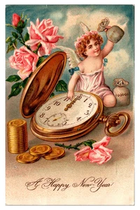 HAPPY NEW YEAR - CHERUB & MONEY BAG & WATCH - 1909 EMBOSSED PSTCARD - Picture 1 of 2