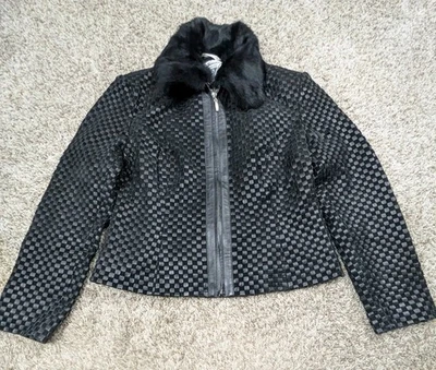 Chaqueta para mujer Marvin Richards XL negra tejida gamuza cuero piel de conejo forrada cremallera Foto 1 de 4