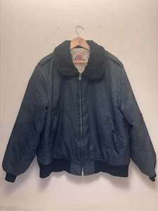 Vintage 80s Dickies XL Bomber Pilot Jacket Navy Blue Faux Fur Collar - Picture 1 of 14