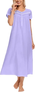 Cotton Nightgowns for Women Long Lightweight Short Sleeves Ladies Soft Nightdres - Picture 1 of 6