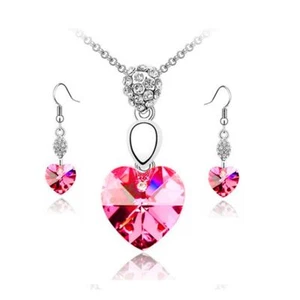Hot Pink Crystal Elements Heart Pendant Necklace & Earrings Set Jewellery UK - Picture 1 of 2