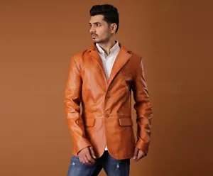 Orange Genuine Leather Blazer Coat For Men, Handmade Leather Coat For Men - Picture 1 of 6