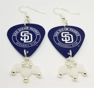 MLB San Diego Padres Guitar Pick Earrings with White Swarovski Crystal Dangles - Picture 1 of 3