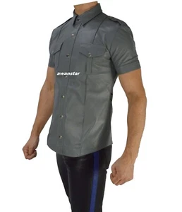 awanstar Graues gay Lederhemd Slim Fit Herren leder hemd leather shirt 6651 - Bild 1 von 17