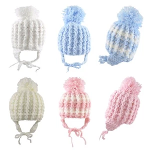 Baby Bobble Hat Knitted Beanie Cap Ear Flaps Chin Ties Newborn Infant 0-12 Month - Picture 1 of 23