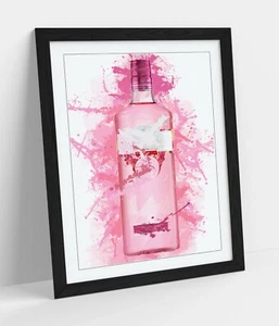 PINK GIN BOTTLE SPLASH ART PAINT EFFECT, KITCHEN -FRAMED WALL ART PICTURE PRINT - Picture 1 of 10