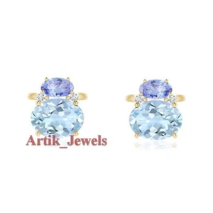 Natürlich Blau Topas Edelstein Mit 14K Vergoldet Silber Manschettenknopf #1128 - Bild 1 von 10