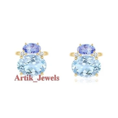 Natürlich Blau Topas Edelstein Mit 14K Vergoldet Silber Manschettenknopf #1128 - Bild 1 von 4