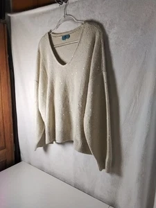 CeCe Damen Gr. Large creme V-Ausschnitt Pailletten/grau Glitzer Pullover Pulli Oberteil  - Bild 1 von 13